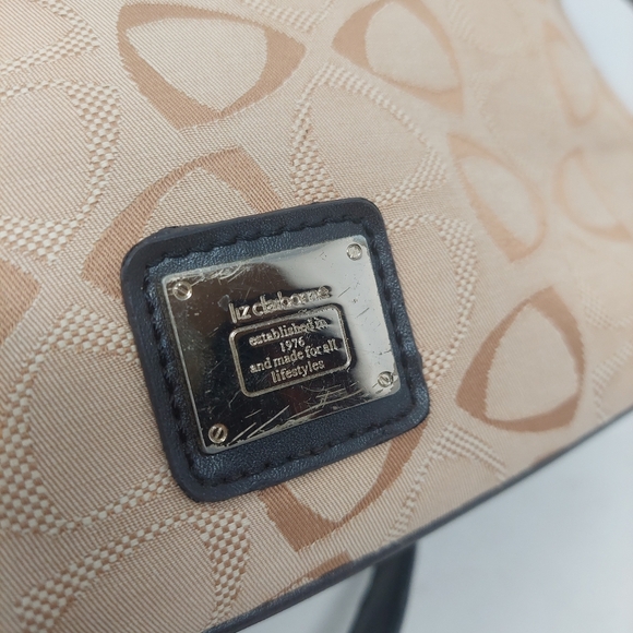 Liz Claiborne Vintage Y2K Tan Canvas Geometric Print Black Leather Shoulder Bag - Picture 5 of 14